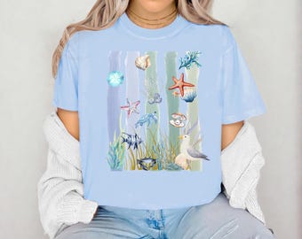 Coastal Watercolor T-Shirt, Vintage Sea Life Graphic Tee, Boho Beach Nature Shirt