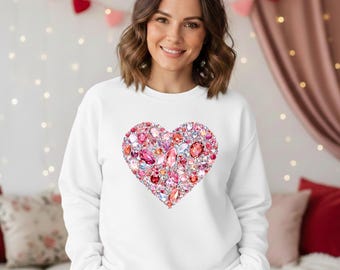 FAUX Gemstone Sweatshirt, FAUX rhinestone Heart Crewneck, Valentine's Day Gift for Her