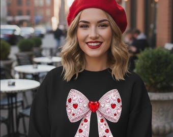 Coquette Bow Sweatshirt, FAUX rhinestone Heart Bow Crewneck, Valentine's Day Gift for Her
