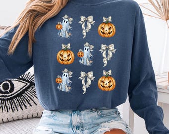 Ghost and Pumpkin Bow Shirt, Coquette Halloween Comfort Colors Tee