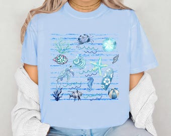Coastal Watercolor Graphic Tee, Ocean Life, Beach Day Shirt