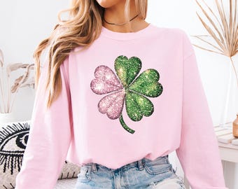 St Patricks Day Shamrock Sweatshirt, Pink and Green Faux Glitter Print