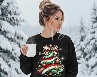 Christmas Tree Sweatshirt, Leopard Bow & Glitter – Holiday Crewneck