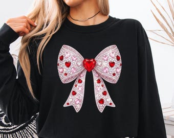 Coquette Heart Bow Long Sleeve T-shirt, Faux Rhinestone Valentine's Gift
