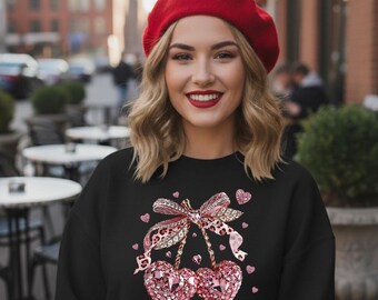FAUX Gemstone Cherry Hearts Crewneck Sweatshirt, Valentine's Day Gift for Her