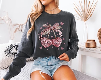 FAUX Gemstone Cherry Hearts Long Sleeve Tshirt, Valentine's Day Gift for Her