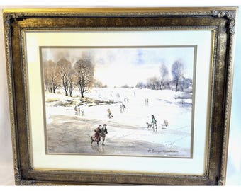 Cuadro de invierno con pareja en la nieve sobre la repisa de la chimenea. Obra del artista E.Sprogoe-topelmann. Idea de regalo: cuadro.