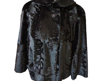 Vintage Black Faux Fur Jacket, Embellished Shawl Collar