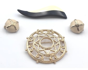 Givenchy Vintage Gold Tone Enamel Brooches and Clip-On Earrings Jewelry Set Lot