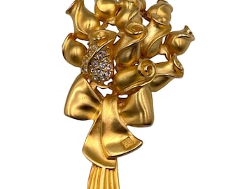 Givenchy Vintage RARE Gold Tone Rosebud Bouquet Brooch Rhinestone Bow Pin