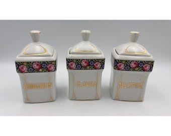 Vintage Germany Ceramic Spice Jar Set Floral Gold Trim Cinnamon Cloves Allspice
