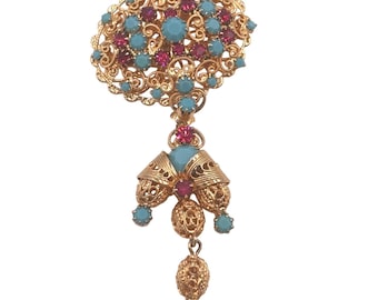 Vintage HATTIE CARNEGIE Turquoise Fuchsia Rhinestone Filigree DANGLE Brooch