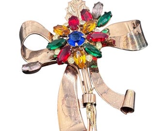 Broche floral con lazo de diamantes de imitación multicolor de plata esterlina Coro Craft con etiqueta de Pegaso