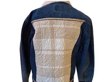 Chaqueta vaquera vintage rara ROEBUCKS con panel beige acolchado y cuello sherpa Western M