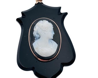 Colgante antiguo victoriano de oro de 14k con camafeo de ónix negro y concha, ideal para guardar el cabello en duelo.