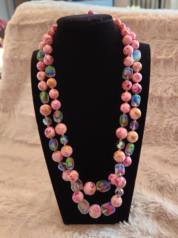 Unique '50s era Hand Knotted Satin Glass and Aurora Crystal Necklace