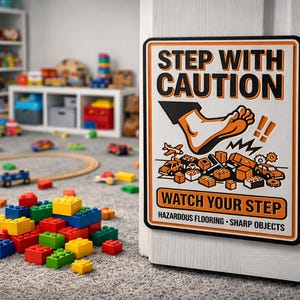 May include: A rectangular sign with a white background and orange border, warning of hazardous flooring and sharp objects. The sign features the text "STEP WITH CAUTION" and "WATCH YOUR STEP" with an illustration of a foot stepping on toys. The room is filled with colorful toys.