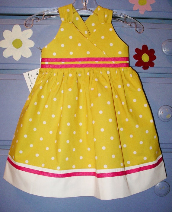 Items similar to Deep yellow dress with white polka dots has hot pink ...