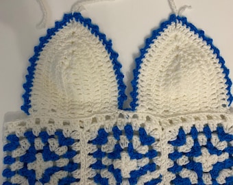 Handmade Crop, Knitting Crop, Handmade Bustier, Blue Knit Blouse