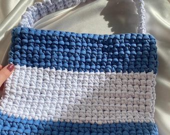 Handmade Knitted Bag, Blue Bag, White Bag, Handmade Gift