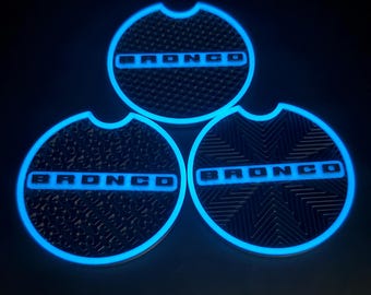Custom Fit Coasters for Ford Bronco 2021+ | Personalized Cup Holder Inserts with BRONCO Lettering | Glow & Non-Glow | 2 Pack