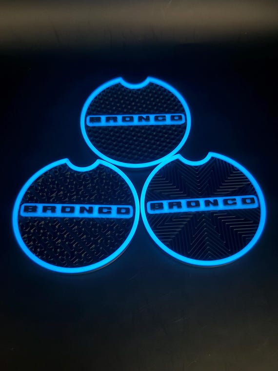Custom Fit Coasters for Ford Bronco 2021+ | Personalized Cup Holder Inserts with BRONCO Lettering | Glow & Non-Glow | 2 Pack | FullSet