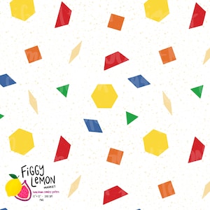 May include: Seamless pattern with colorful geometric shapes in red, yellow, blue, orange, and green on a white background with small tan speckles. The pattern includes hexagons, squares, triangles, and trapezoids. The Figgy Lemon Market logo is in the bottom left corner.