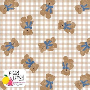 May include: A seamless pattern featuring hand-drawn teddy bears with blue bows on a tan and white checkered background. The bears are in various orientations, creating a playful and whimsical design. The Figgy Lemon Market logo is in the bottom left corner.