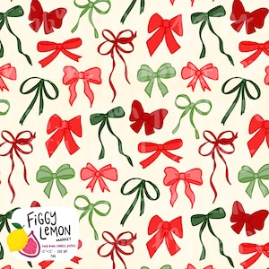 Coquette Christmas Hand Drawn Seamless Pattern | 300 DPI PNG Vinyl Fabric Surface Design Sublimation Holiday Red Green Pink Girly Cute Bows