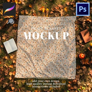 May include: A beige picnic blanket mockup with a pattern of brown, blue, and orange ovals. The words "PICNIC BLANKET MOCKUP" are printed on the blanket. The text "add your own design high quality instant download instructions included" is also visible.