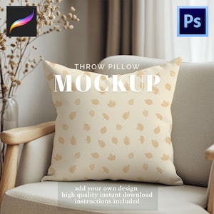 May include: A beige throw pillow mockup with a repeating pattern of light brown leaves. The pillow is on a light-colored chair. Text on the pillow reads "THROW PILLOW MOCKUP". Additional text at the bottom says "add your own design high quality instant download instructions included".