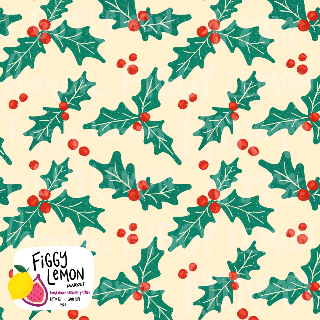 Holly Repeat Pattern Vintage Christmas Holly Hand Drawn Seamless Pattern 300 DPI PNG Vinyl ...