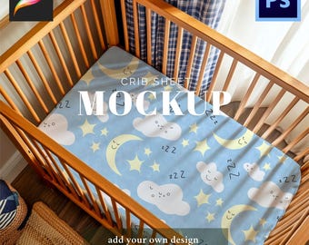 Spannbettlaken Kinderzimmer Mockup Junge Blau Vichy Karo Neutral Ästhetik | Procreate Photoshop Seamless Patterns Digital Download Vorlagendesign