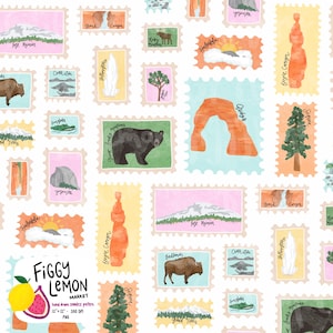 May include: Seamless pattern featuring colorful postage stamp illustrations of national parks and landmarks, including mountains, arches, and wildlife. The design includes text that reads "Figgy Lemon Market".