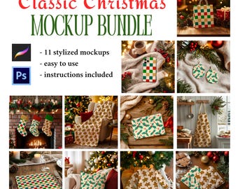 Classic Christmas 11 Products Mockup Bundle for Procreate Photoshop Seamless Patterns Digital Download Template High Resolution Realistic