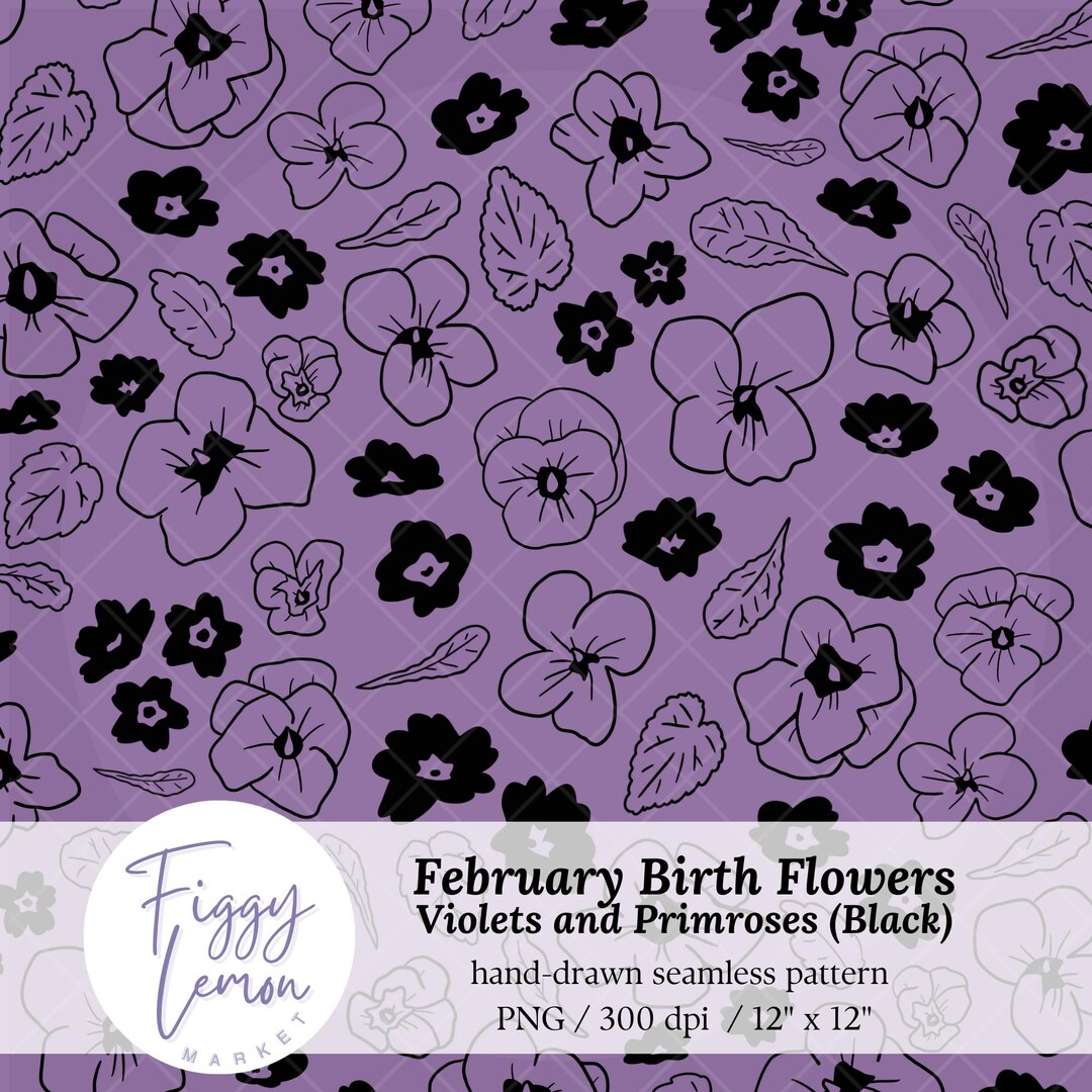 Black February Birth Flowers Hand Drawn Seamless Pattern 300 DPI PNG ...