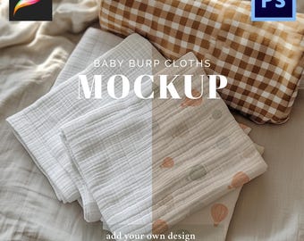 Baby Burp Cloths Mockup for Procreate Photoshop Seamless Patterns Digital Download Gender Neutral Nursery Muslin Fabric Collection