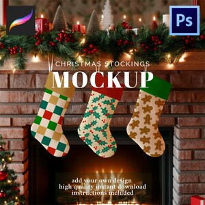May include: Three Christmas stockings with different patterns hang in front of a brick fireplace. One stocking has a gold, red, and green checkered pattern, another has holly leaves, and the third has gingerbread men. The text "CHRISTMAS STOCKINGS MOCKUP" is above the stockings.