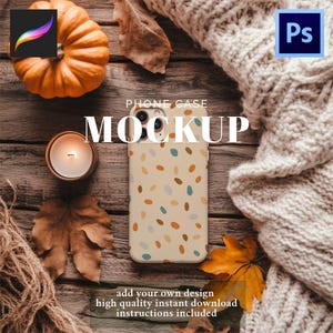 May include: A phone case mockup with a beige background and a pattern of colorful shapes. The image includes a pumpkin, a lit candle, and fall leaves. Text on the image reads "PHONE CASE MOCKUP" and "add your own design high quality instant download instructions included."