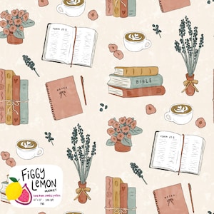 May include: A seamless pattern featuring hand-drawn illustrations of open books with Psalm 23:5 text, stacks of books including one labeled BIBLE, pink notebooks labeled NOTES, coffee cups with latte art, potted flowers, and lavender sprigs on a beige background.