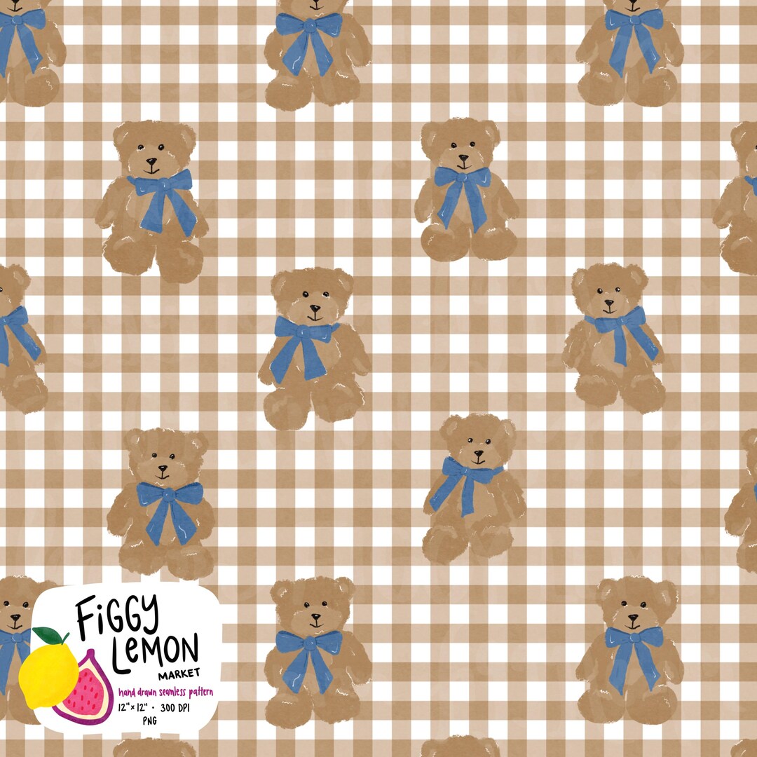 Teddy Bear Gingham Blue Bows Hand Drawn Seamless Pattern | 300 DPI PNG ...