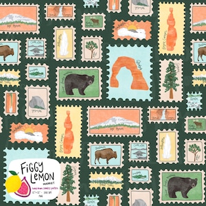 May include: Seamless pattern featuring postage stamp illustrations of national parks and landmarks, including mountains, arches, and wildlife. The stamps are set against a dark green background. The design includes the text "Figgy Lemon Market".