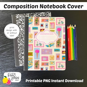 Puede incluir: Un cuaderno de composición con una cubierta colorida con ilustraciones tipo sello de conos de helado, scooters y otros diseños. Se ve un segundo cuaderno con una cubierta moteada en blanco y negro. Lápices de colores están dispuestos a la derecha. El texto "Composition Notebook Cover" está en la parte superior.