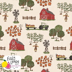 Op de afbeelding: Een naadloos patroon met een boerderijscène met rode schuren, pompoenen, vogelverschrikkers en een groene tractor. Het ontwerp omvat boomgaarden, maïsdoolhoven en windmolens, met de tekst "Figgy Lemon Market".