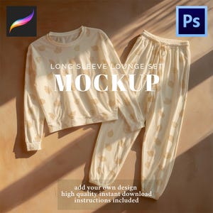 May include: A cream-colored long sleeve lounge set mockup with a leaf pattern. The set includes a crew neck top and drawstring pants. The word "MOCKUP" is displayed in large white letters. The image also includes the text "add your own design, high quality instant download, instructions included."