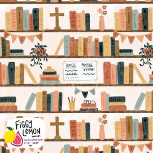 May include: Seamless pattern featuring bookshelves filled with books, crosses, and decorative elements. The color palette includes soft hues of peach, blue, and brown. The text includes "PRAISES", "PRAYERS", "BIBLE", and "Figgy Lemon Market".