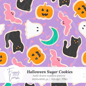 以下が含まれることがあります： ラベンダー色の背景に、ハロウィーンの砂糖クッキーのシームレスパターン。クッキーには、オレンジ色のカボチャ、黒猫、ピンクのコウモリ、白い幽霊、ターコイズの三日月が含まれています。クッキーは白で縁取られています。