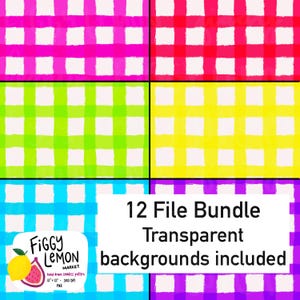 May include: A digital art file bundle featuring six colorful gingham patterns in pink, red, green, yellow, blue, and purple. The image includes the text "12 File Bundle Transparent backgrounds included" and the Figgy Lemon Market logo.