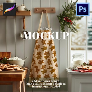 May include: Apron mockup with a beige background and a pattern of gingerbread men. The word "APRON" is above the apron, and the word "MOCKUP" is printed in large letters. Text at the bottom reads "add your own design high quality instant download instructions included."