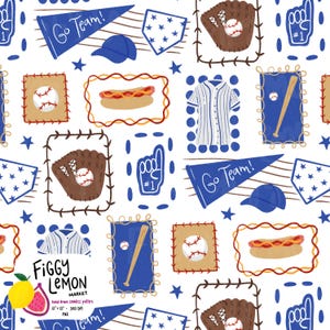 May include: A seamless pattern with baseball motifs on a white backdrop. It showcases baseballs, gloves, bats, pennants with "Go Team!", baseball jerseys, hot dogs, and foam fingers. The design also includes the text "Figgy Lemon Market", creating a sporty theme.